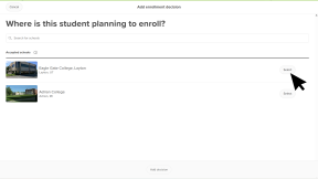 The "Add enrollment decision" page for a student. Next to a college, the cursor is clicking "Select"